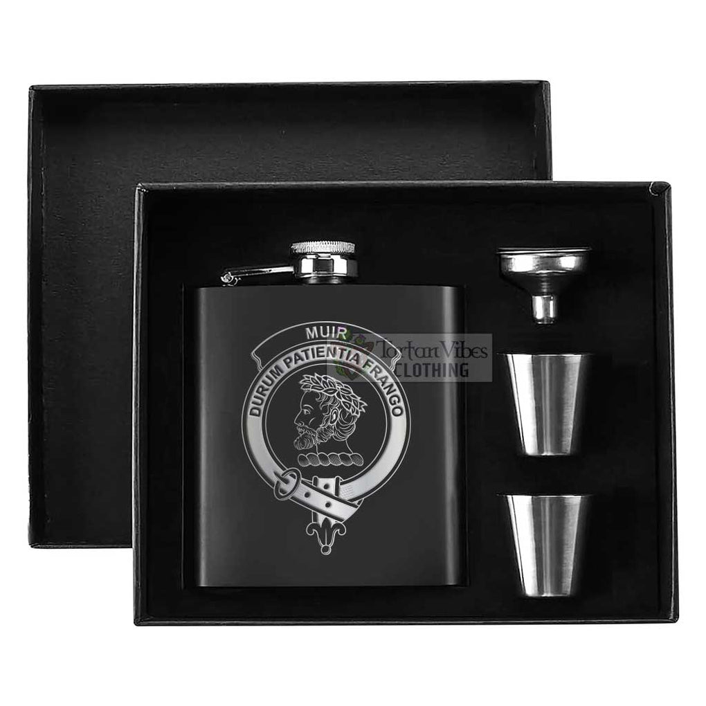 Tartan Vibes Clothing Muir Crest Hip Flask Set 7oz Black Stainless Steel with A Gift Box