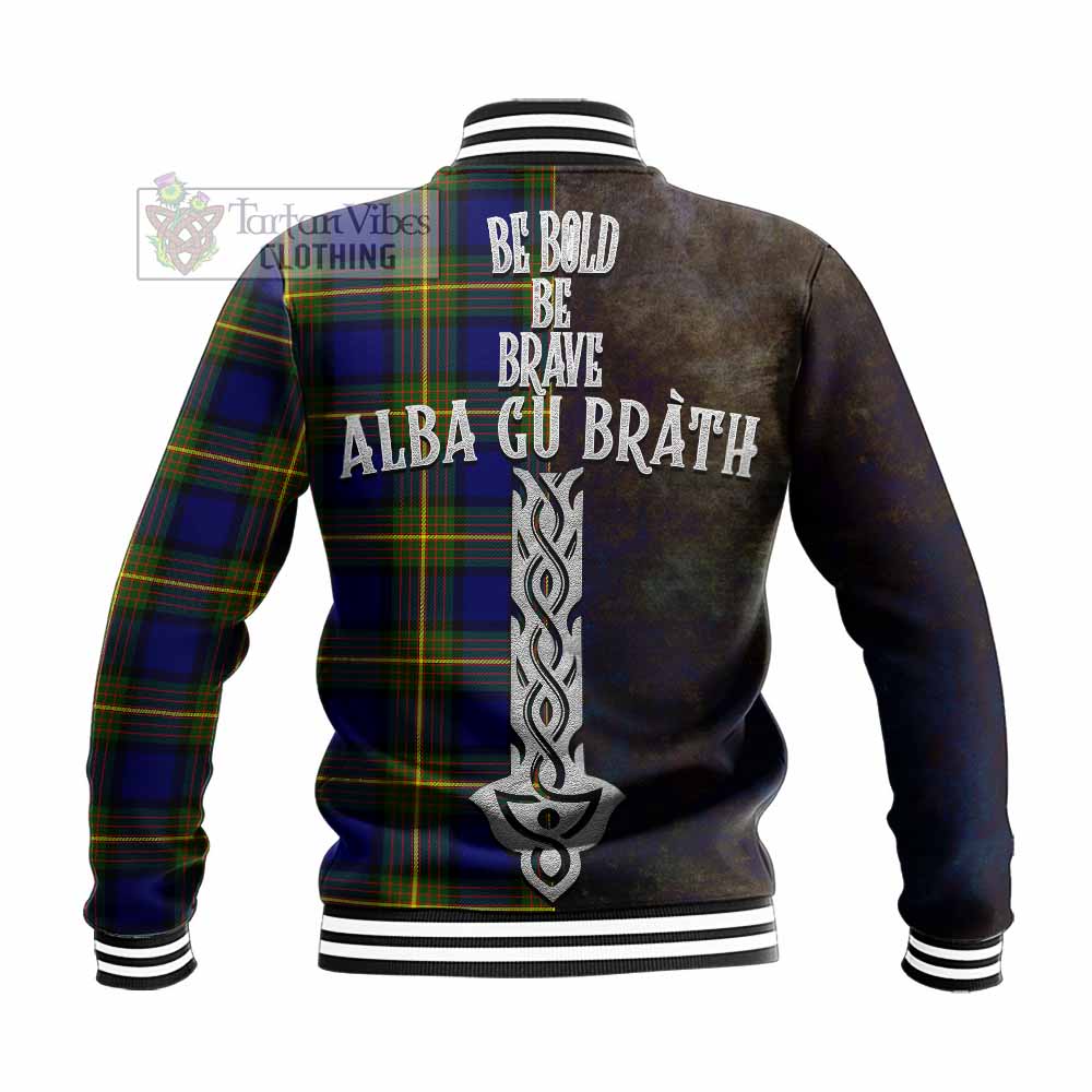 Tartan Vibes Clothing Muir Tartan Family Crest Baseball Jacket Alba Gu Brath Be Brave Lion Ancient Style