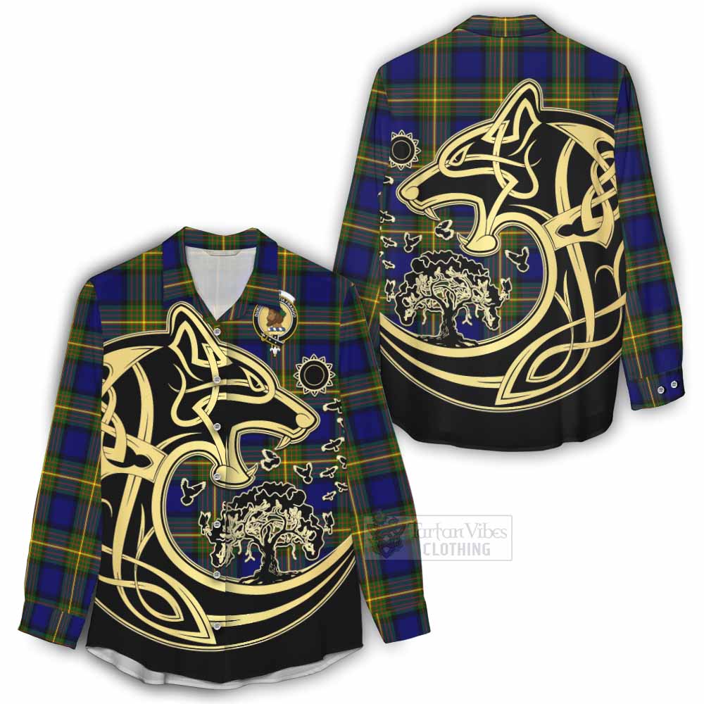 Tartan Vibes Clothing Muir Tartan Women's Casual Shirt with Family Crest Celtic Wolf Style