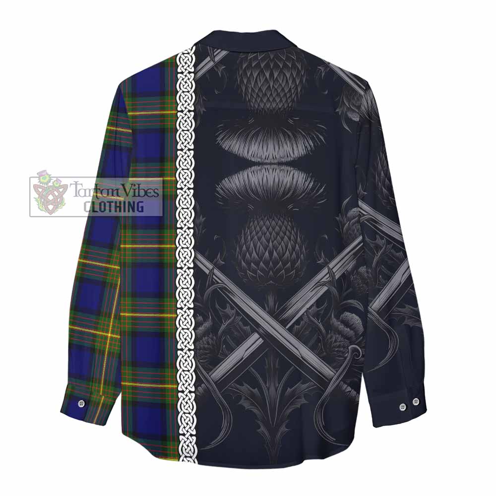 Tartan Vibes Clothing Muir Tartan Women's Casual Shirt with Family Crest Cross Sword Thistle Celtic Vibes