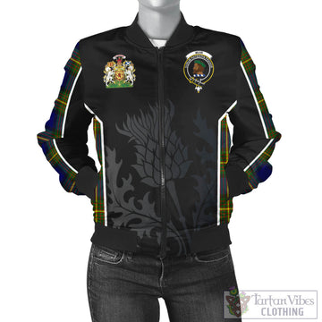 Muir Tartan Bomber Jacket with Family Crest and Scottish Thistle Vibes Sport Style
