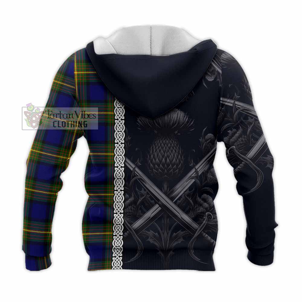 Tartan Vibes Clothing Muir Tartan Knitted Hoodie with Family Crest Cross Sword Thistle Celtic Vibes