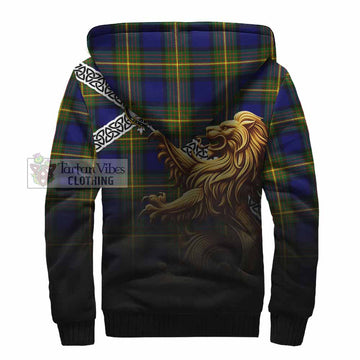 Muir Crest Tartan Sherpa Hoodie with Golden Lion Emblem Celtic Style