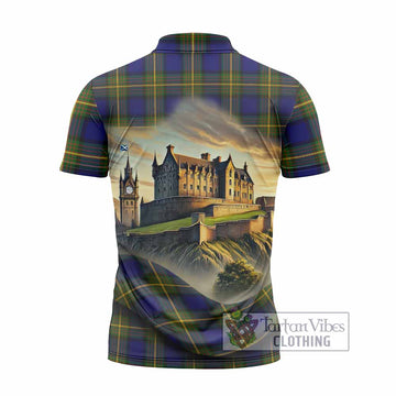 Muir Tartan Family Crest Zipper Polo Shirt with Scottish Ancient Castle Style