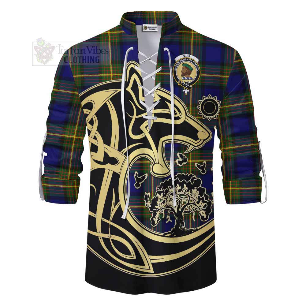 Tartan Vibes Clothing Muir Tartan Ghillie Kilt Shirt with Family Crest Celtic Wolf Style