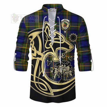 Muir Tartan Ghillie Kilt Shirt with Family Crest Celtic Wolf Style