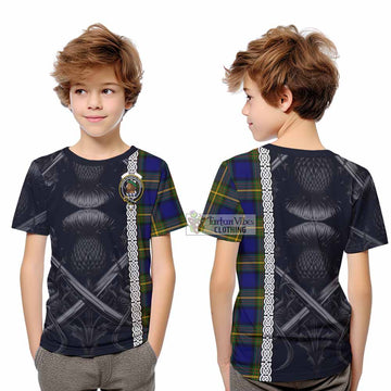 Tartan Vibes Clothing Muir Tartan Kid T-Shirt with Family Crest Cross Sword Thistle Celtic Vibes
