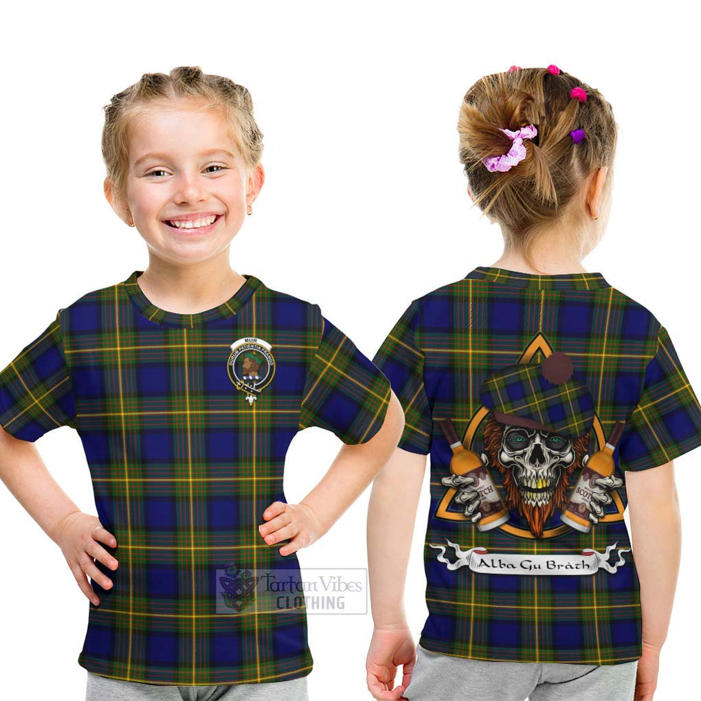 Tartan Vibes Clothing Muir Tartan Kid T-Shirt with Family Crest and Bearded Skull Holding Bottles of Whiskey