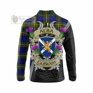 Muir Tartan Family Crest Long Sleeve Polo Shirt Lion Rampant Royal Thistle Shield Celtic Inspired