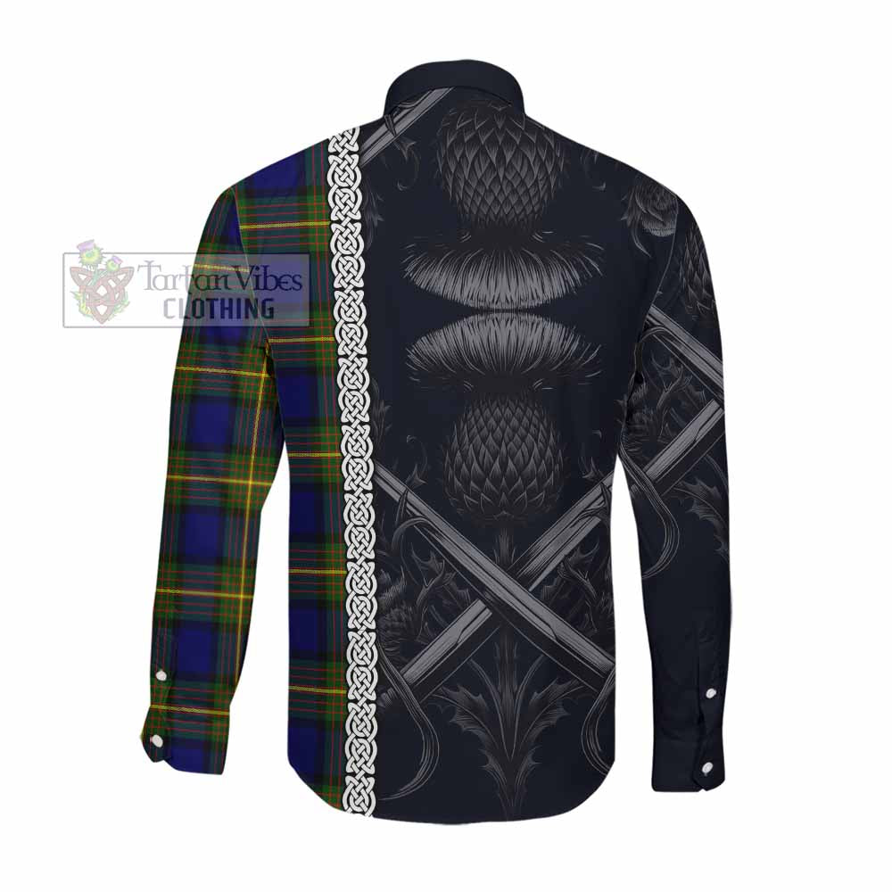 Tartan Vibes Clothing Muir Tartan Long Sleeve Button Shirt with Family Crest Cross Sword Thistle Celtic Vibes