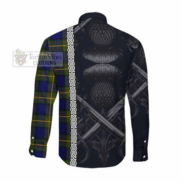 Tartan Vibes Clothing Muir Tartan Long Sleeve Button Shirt with Family Crest Cross Sword Thistle Celtic Vibes