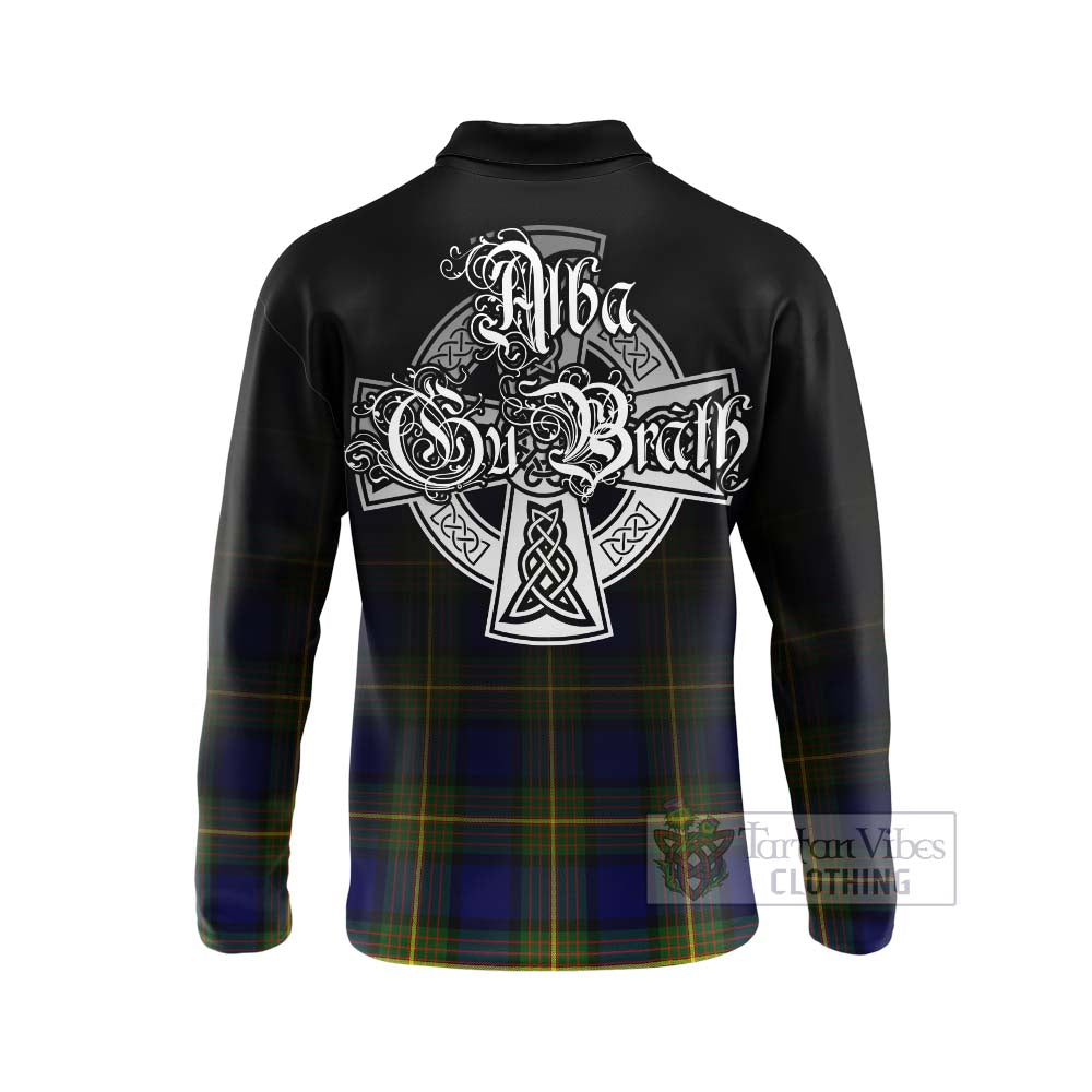 Tartan Vibes Clothing Muir Tartan Long Sleeve Polo Shirt Featuring Alba Gu Brath Family Crest Celtic Inspired