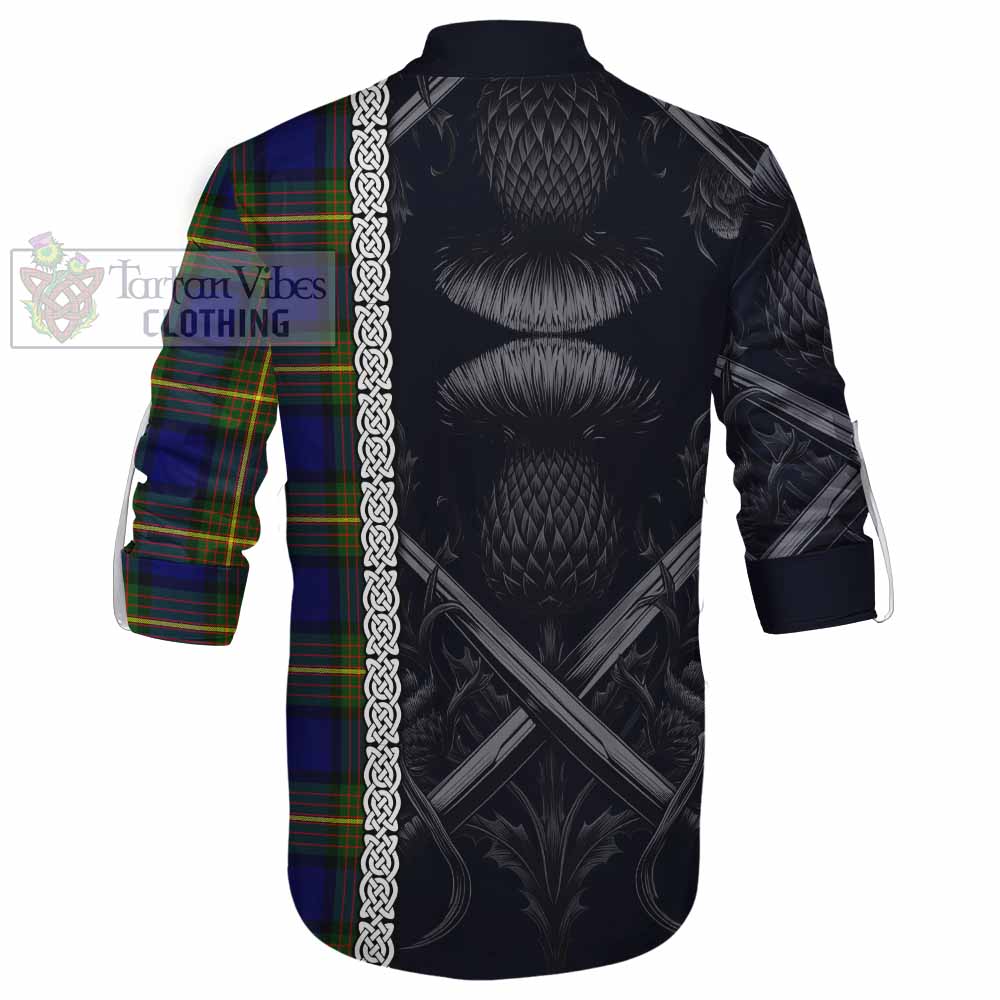 Tartan Vibes Clothing Muir Tartan Ghillie Kilt Shirt with Family Crest Cross Sword Thistle Celtic Vibes