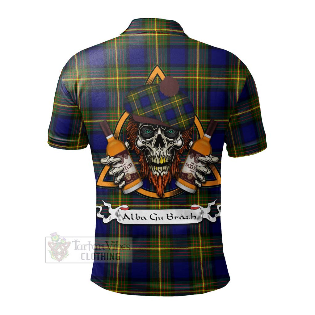 Tartan Vibes Clothing Muir Tartan Polo Shirt with Family Crest and Bearded Skull Holding Bottles of Whiskey