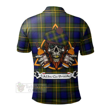 Tartan Vibes Clothing Muir Tartan Polo Shirt with Family Crest and Bearded Skull Holding Bottles of Whiskey