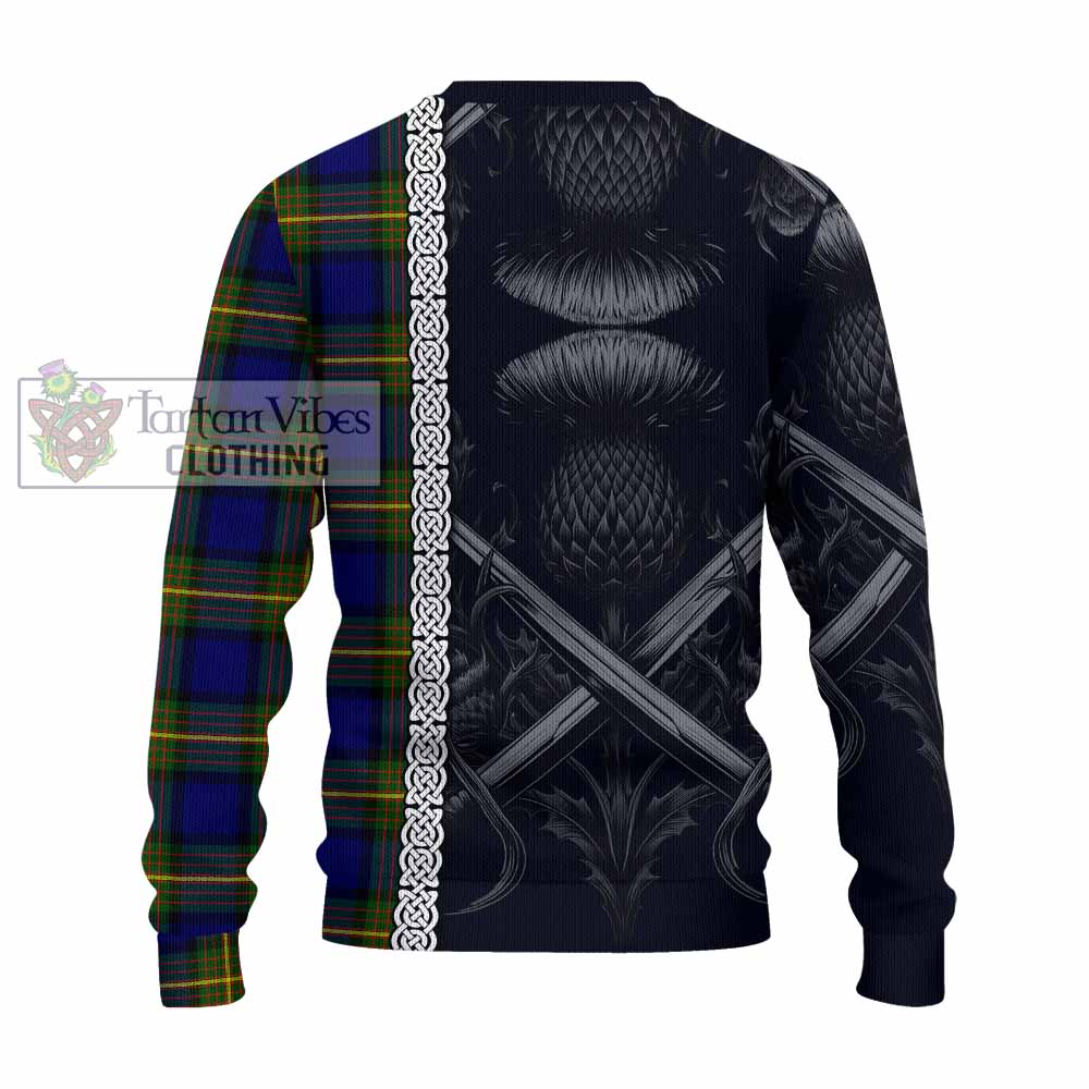 Tartan Vibes Clothing Muir Tartan Knitted Sweater with Family Crest Cross Sword Thistle Celtic Vibes