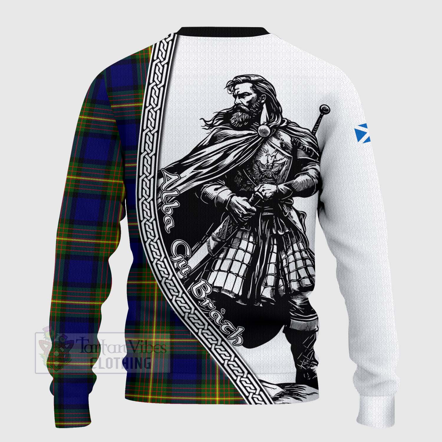 Tartan Vibes Clothing Muir Tartan Clan Crest Knitted Sweater with Highlander Warrior Celtic Style