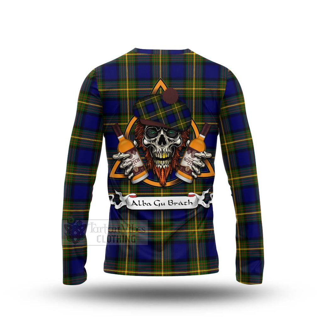 Tartan Vibes Clothing Muir Tartan Long Sleeve T-Shirt with Family Crest and Bearded Skull Holding Bottles of Whiskey