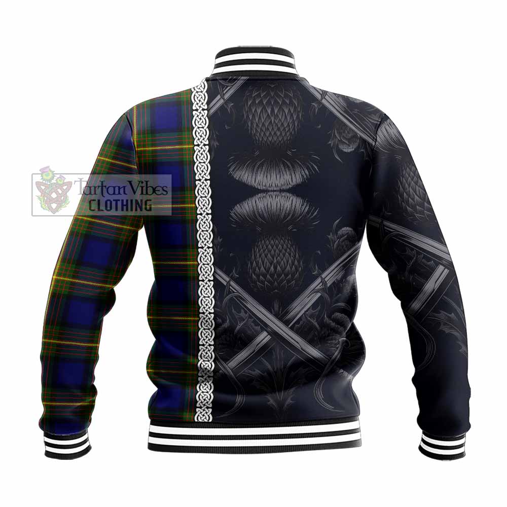 Tartan Vibes Clothing Muir Tartan Baseball Jacket with Family Crest Cross Sword Thistle Celtic Vibes