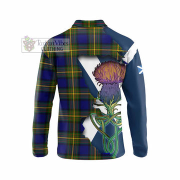 Muir Tartan Family Crest Long Sleeve Polo Shirt Scottish Thistle Celtic Inspired