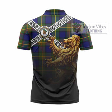 Muir Crest Tartan Zipper Polo Shirt with Golden Lion Emblem Celtic Style