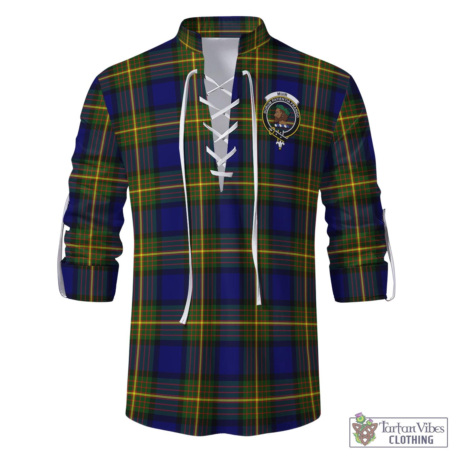 Tartan Vibes Clothing Muir Tartan Men's Scottish Traditional Jacobite Ghillie Kilt Shirt with Family Crest
