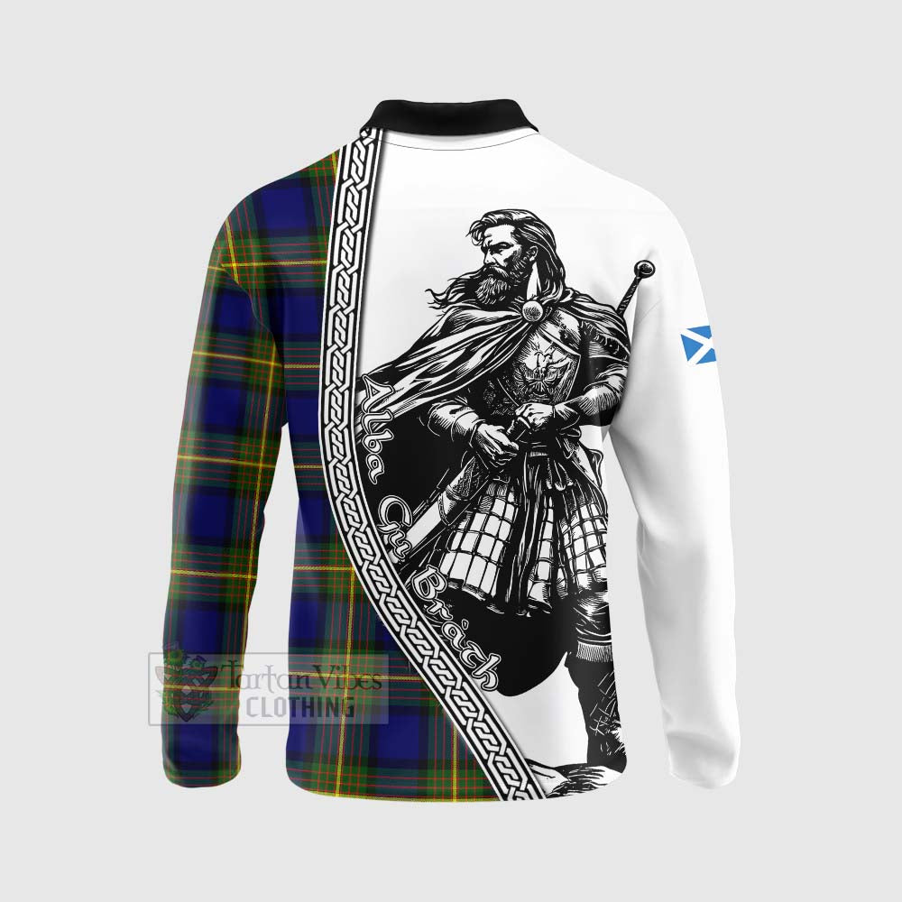 Tartan Vibes Clothing Muir Tartan Clan Crest Long Sleeve Polo Shirt with Highlander Warrior Celtic Style