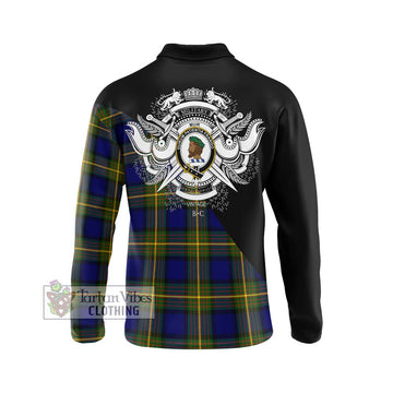 Muir Tartan Long Sleeve Polo Shirt with Family Crest and Military Logo Style - Tartanvibesclothing Shop