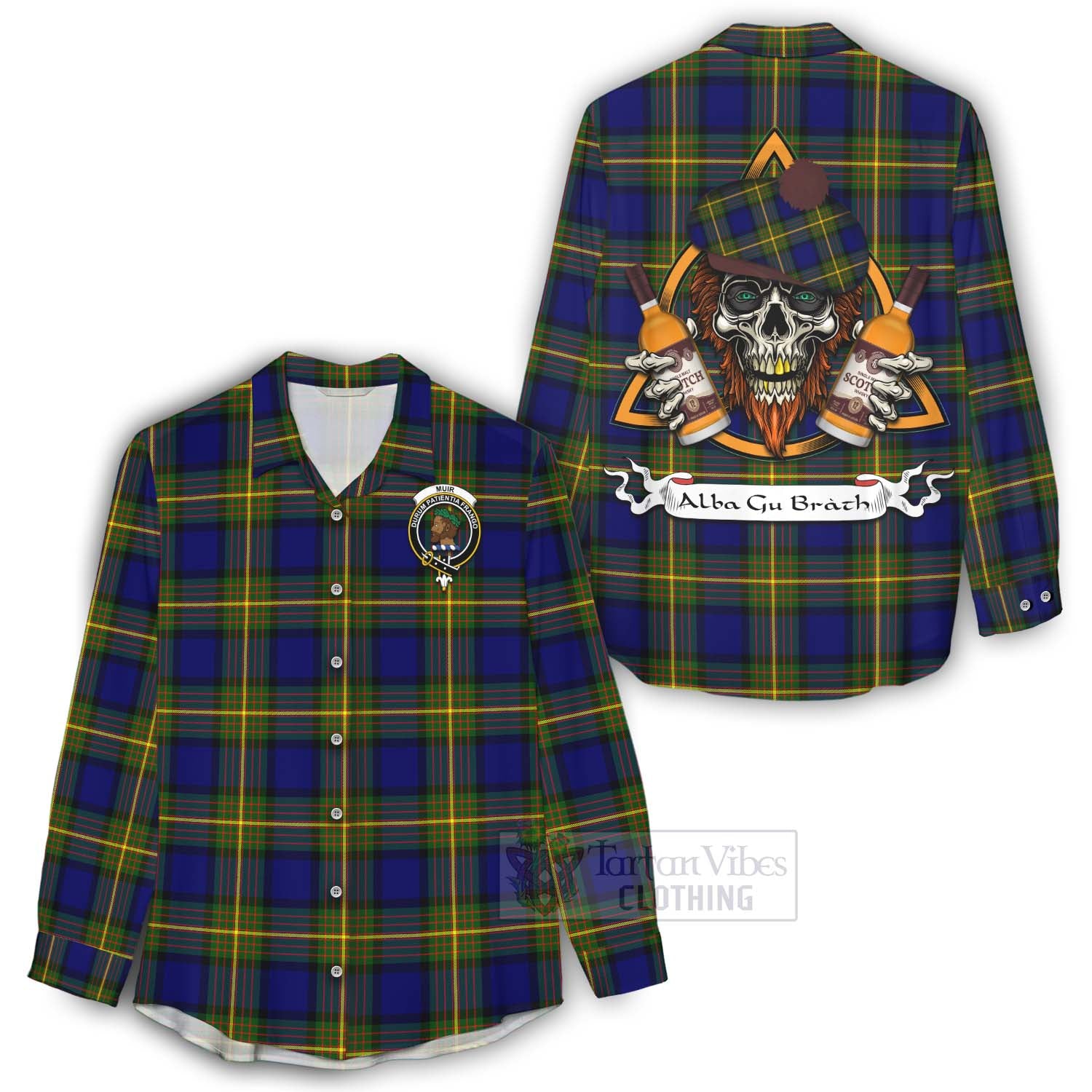 Tartan Vibes Clothing Muir Tartan Women's Casual Shirt with Family Crest and Bearded Skull Holding Bottles of Whiskey