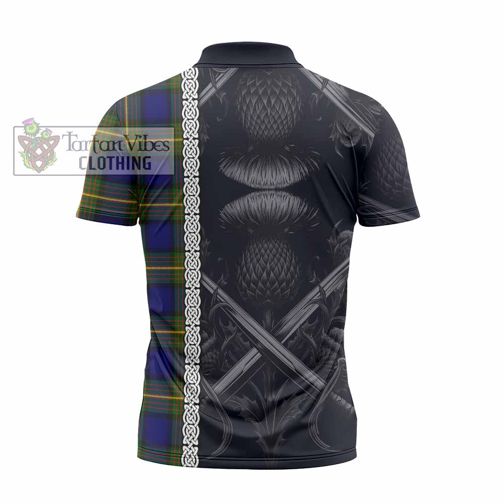 Tartan Vibes Clothing Muir Tartan Zipper Polo Shirt with Family Crest Cross Sword Thistle Celtic Vibes