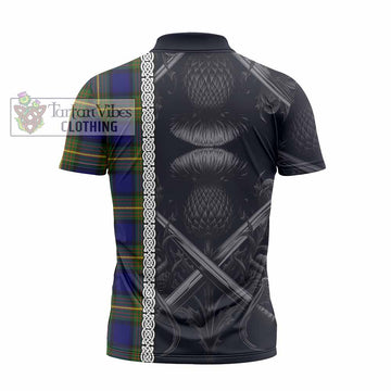 Muir Tartan Zipper Polo Shirt with Family Crest Cross Sword Thistle Celtic Vibes