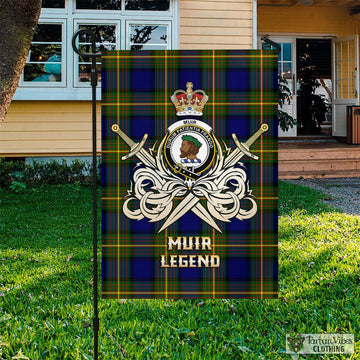 Muir Tartan Garden Flag with Clan Crest and the Golden Sword of Courageous Legacy