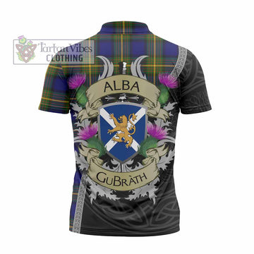 Muir Tartan Family Crest Zipper Polo Shirt Lion Rampant Royal Thistle Shield Celtic Inspired