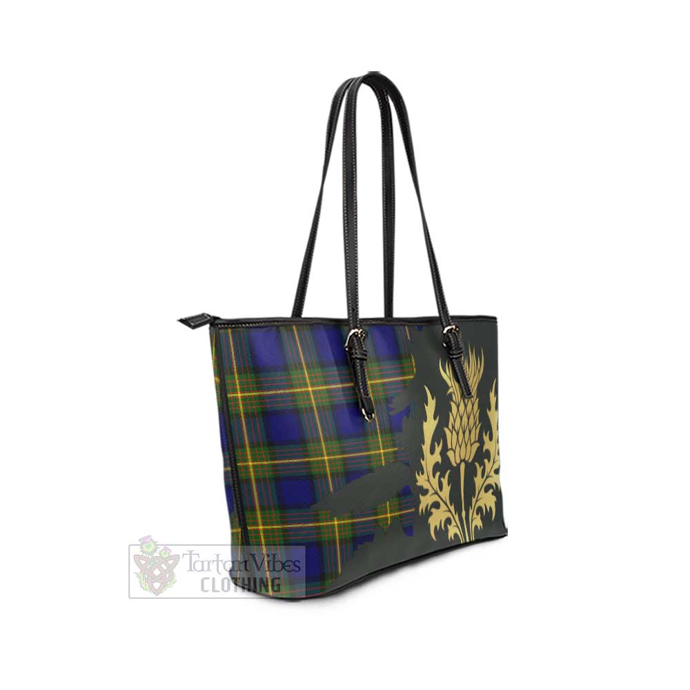 Tartan Vibes Clothing Muir Tartan Leather Tote Bag Gold Thistle Style