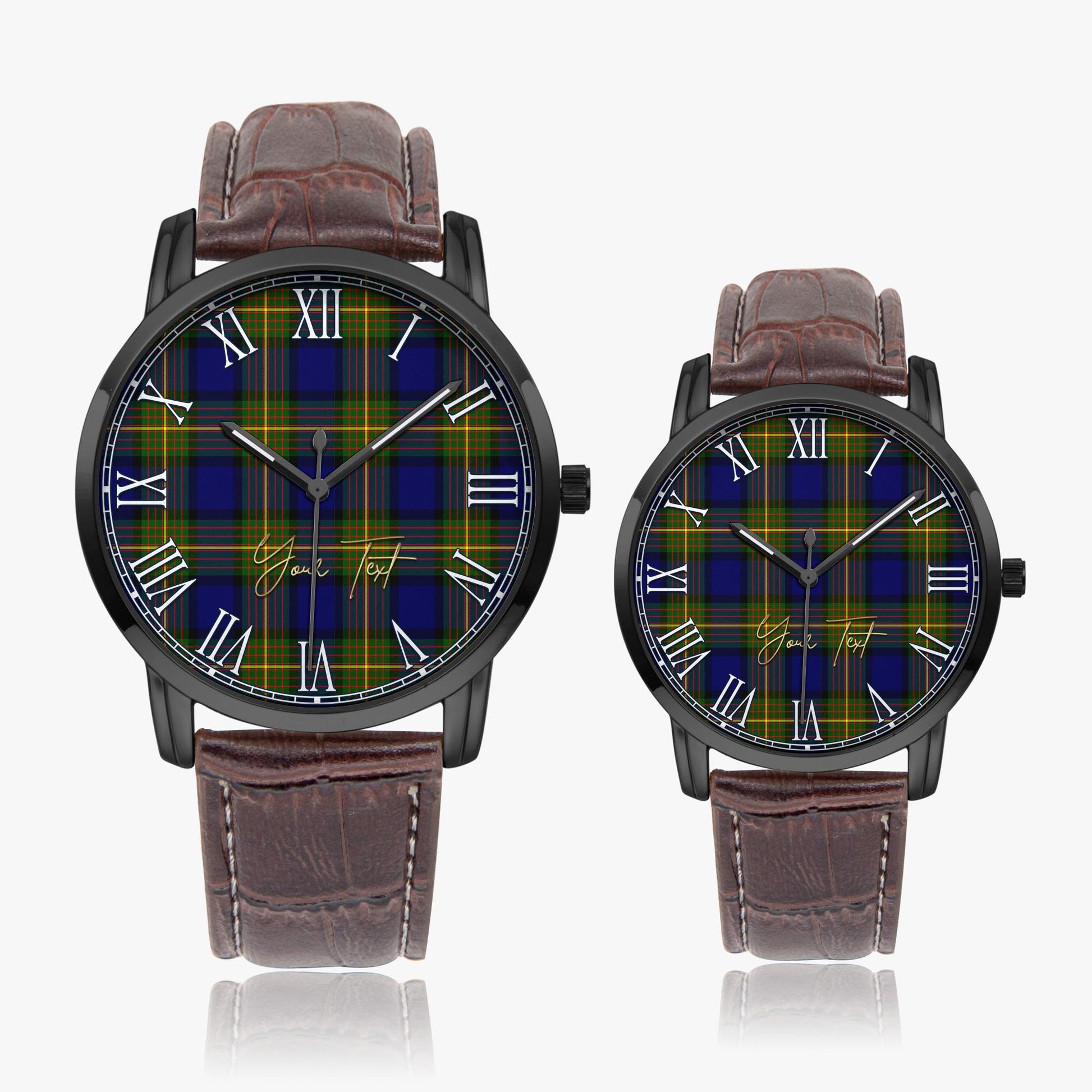 Muir Tartan Personalized Your Text Leather Trap Quartz Watch Wide Type Black Case With Brown Leather Strap - Tartanvibesclothing