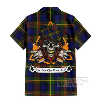 Tartan Vibes Clothing Muir Tartan Short Sleeve Button Shirt with Family Crest and Bearded Skull Holding Bottles of Whiskey