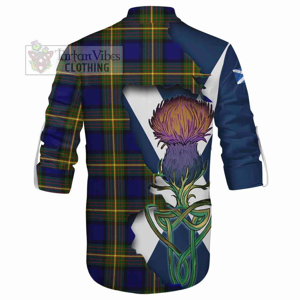 Tartan Vibes Clothing Muir Tartan Family Crest Ghillie Kilt Shirt Scottish Thistle Celtic Inspired