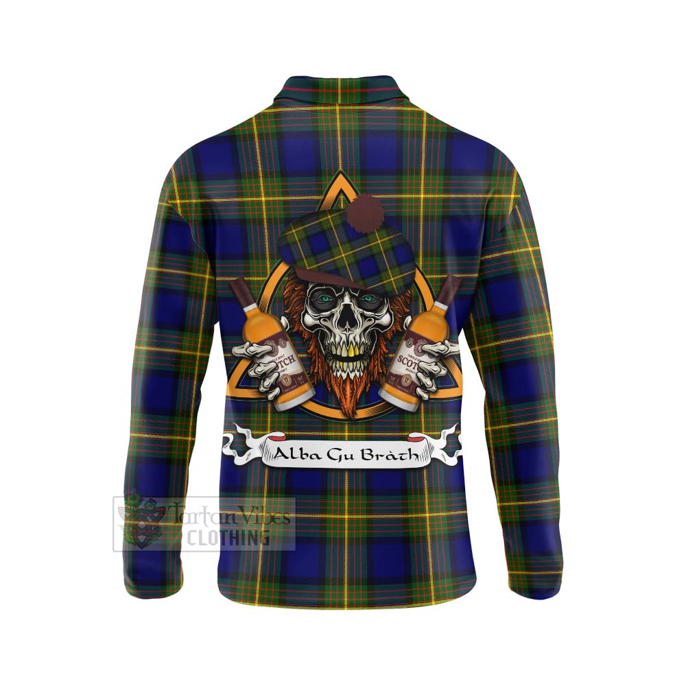 Tartan Vibes Clothing Muir Tartan Long Sleeve Polo Shirt with Family Crest and Bearded Skull Holding Bottles of Whiskey