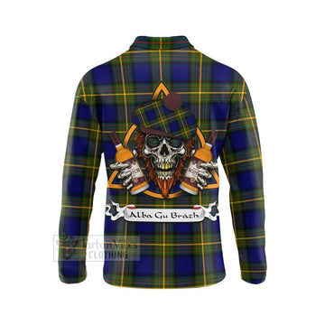 Tartan Vibes Clothing Muir Tartan Long Sleeve Polo Shirt with Family Crest and Bearded Skull Holding Bottles of Whiskey