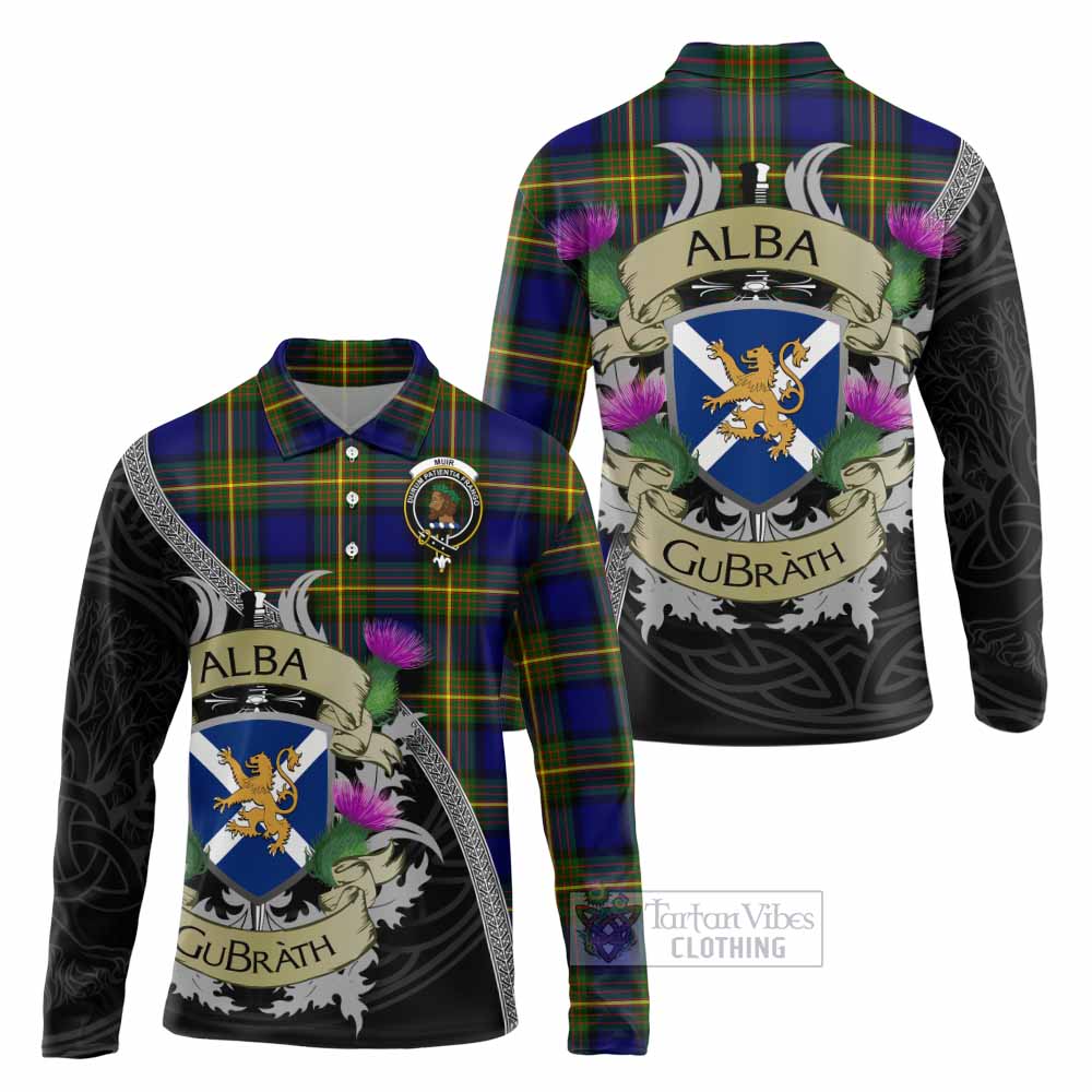 Tartan Vibes Clothing Muir Tartan Family Crest Long Sleeve Polo Shirt Lion Rampant Royal Thistle Shield Celtic Inspired