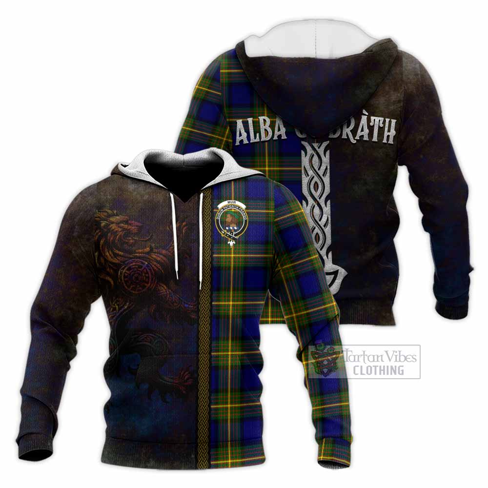 Tartan Vibes Clothing Muir Tartan Family Crest Knitted Hoodie Alba Gu Brath Be Brave Lion Ancient Style