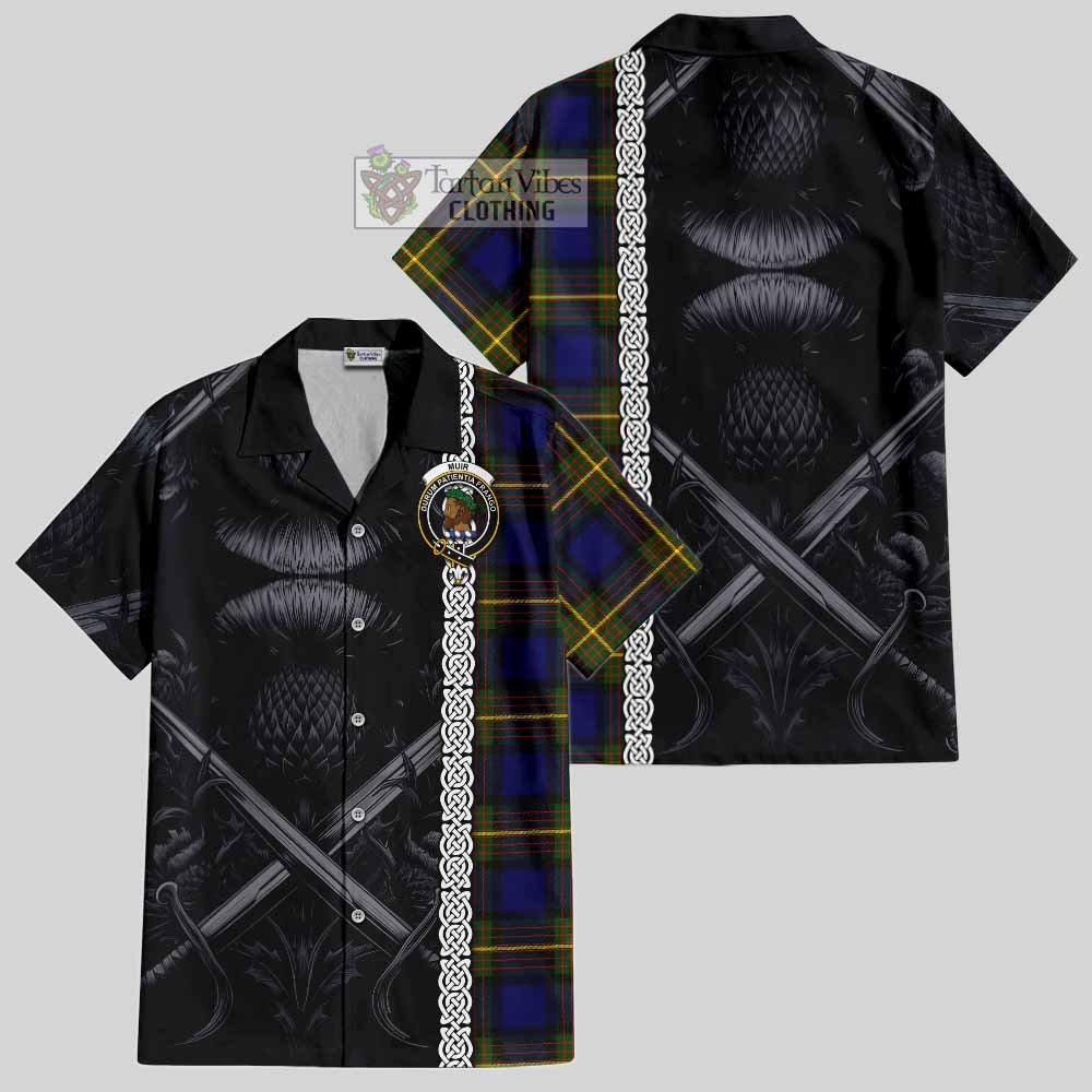 Tartan Vibes Clothing Muir Tartan Short Sleeve Button Shirt with Family Crest Cross Sword Thistle Celtic Vibes