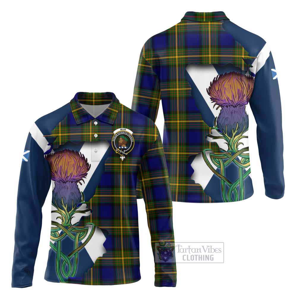 Tartan Vibes Clothing Muir Tartan Family Crest Long Sleeve Polo Shirt Scottish Thistle Celtic Inspired