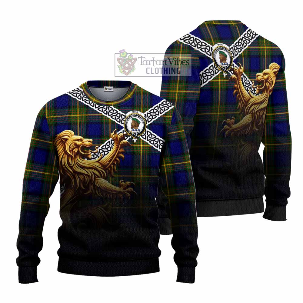 Tartan Vibes Clothing Muir Crest Tartan Knitted Sweater with Golden Lion Emblem Celtic Style