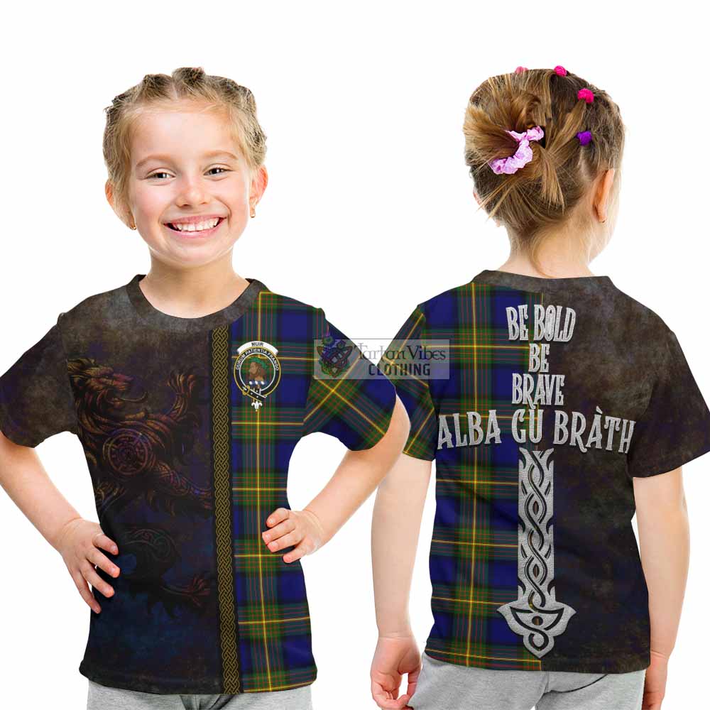 Tartan Vibes Clothing Muir Tartan Family Crest Kid T-Shirt Alba Gu Brath Be Brave Lion Ancient Style