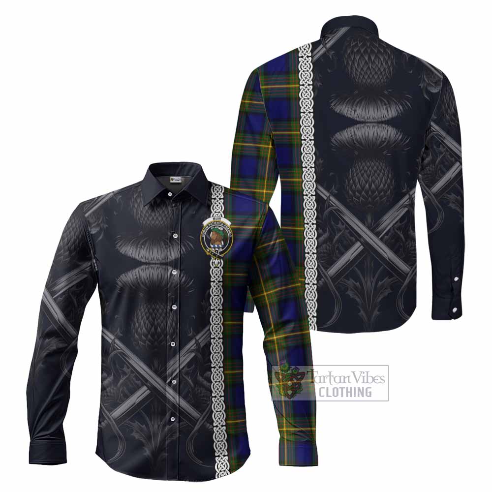 Tartan Vibes Clothing Muir Tartan Long Sleeve Button Shirt with Family Crest Cross Sword Thistle Celtic Vibes