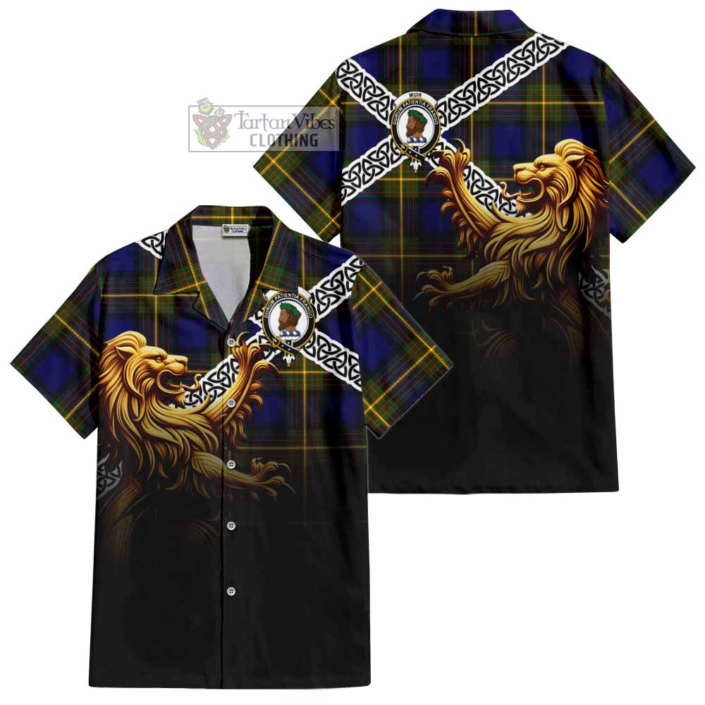 Tartan Vibes Clothing Muir Crest Tartan Short Sleeve Button Shirt with Golden Lion Emblem Celtic Style