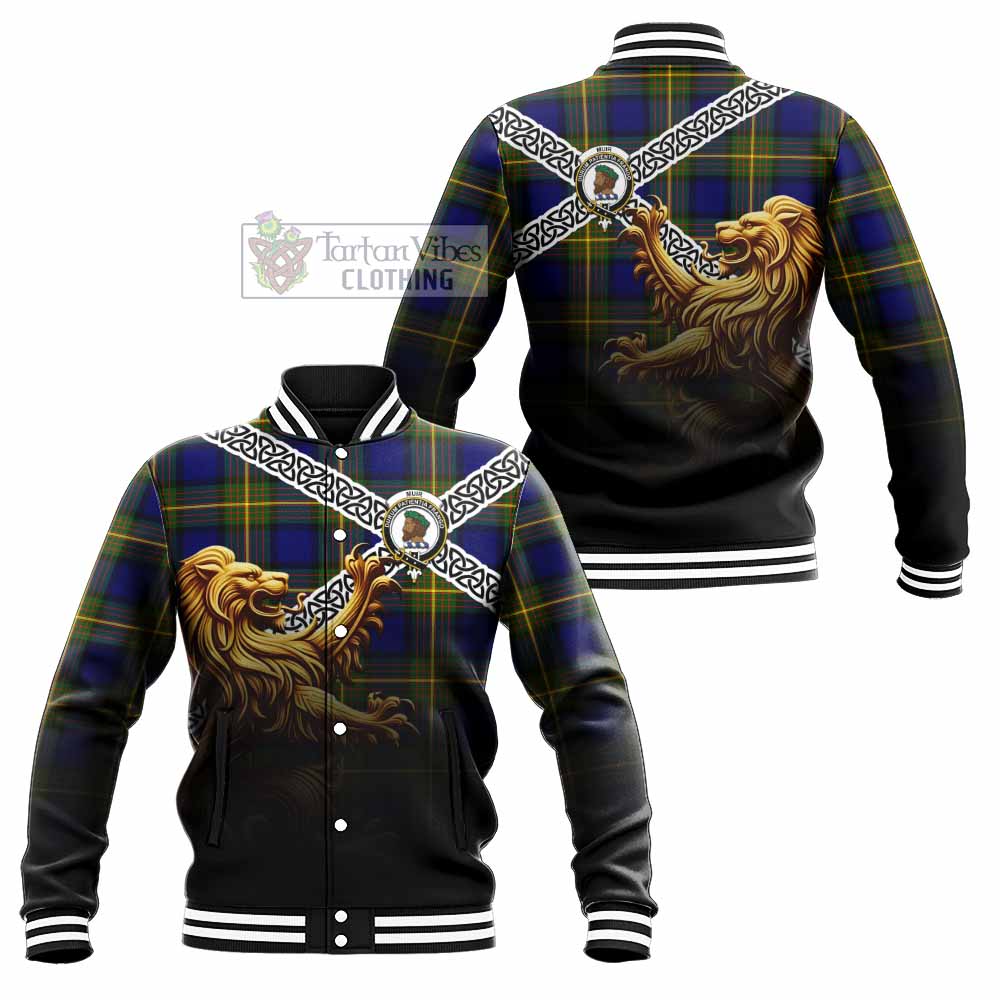 Tartan Vibes Clothing Muir Crest Tartan Baseball Jacket with Golden Lion Emblem Celtic Style