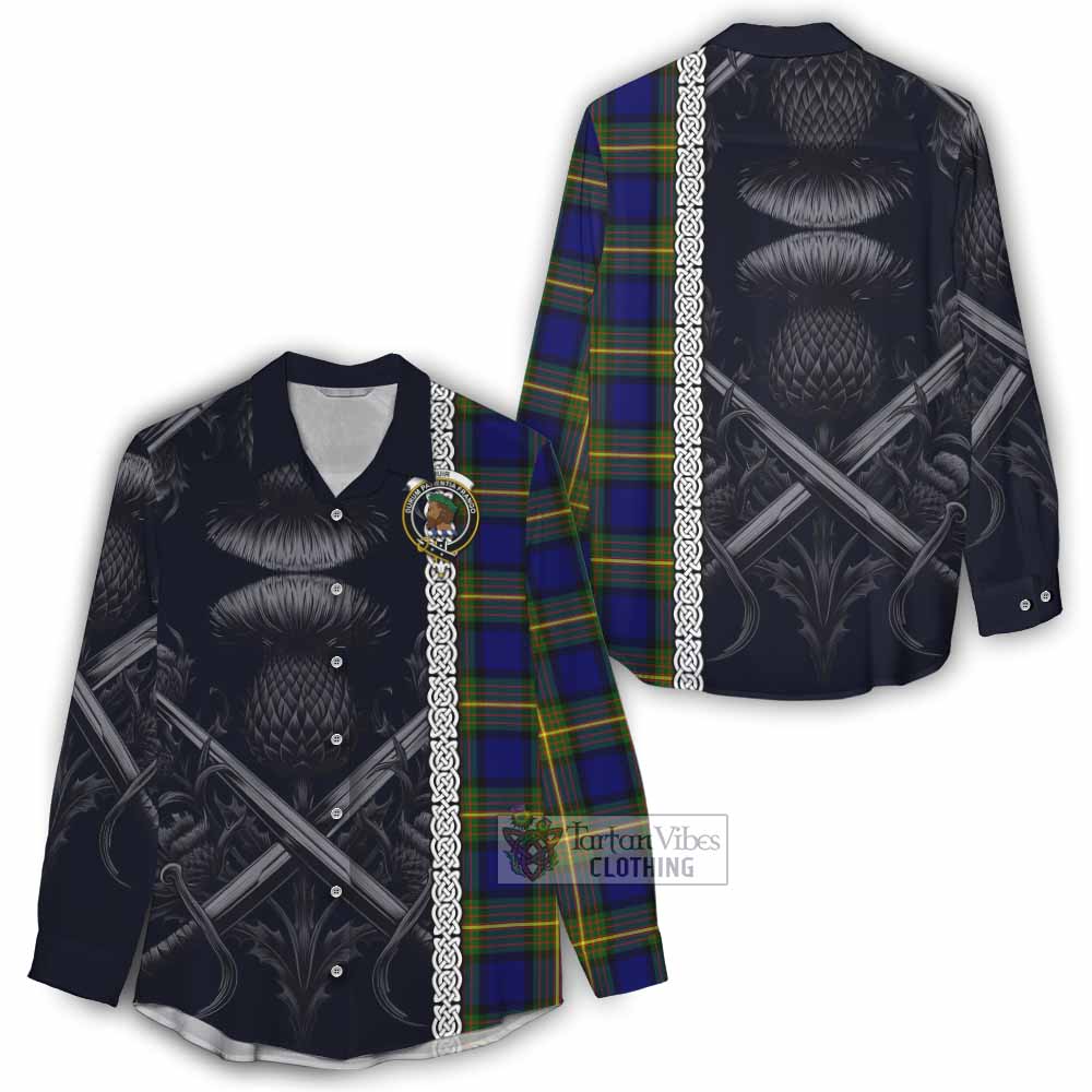 Tartan Vibes Clothing Muir Tartan Women's Casual Shirt with Family Crest Cross Sword Thistle Celtic Vibes