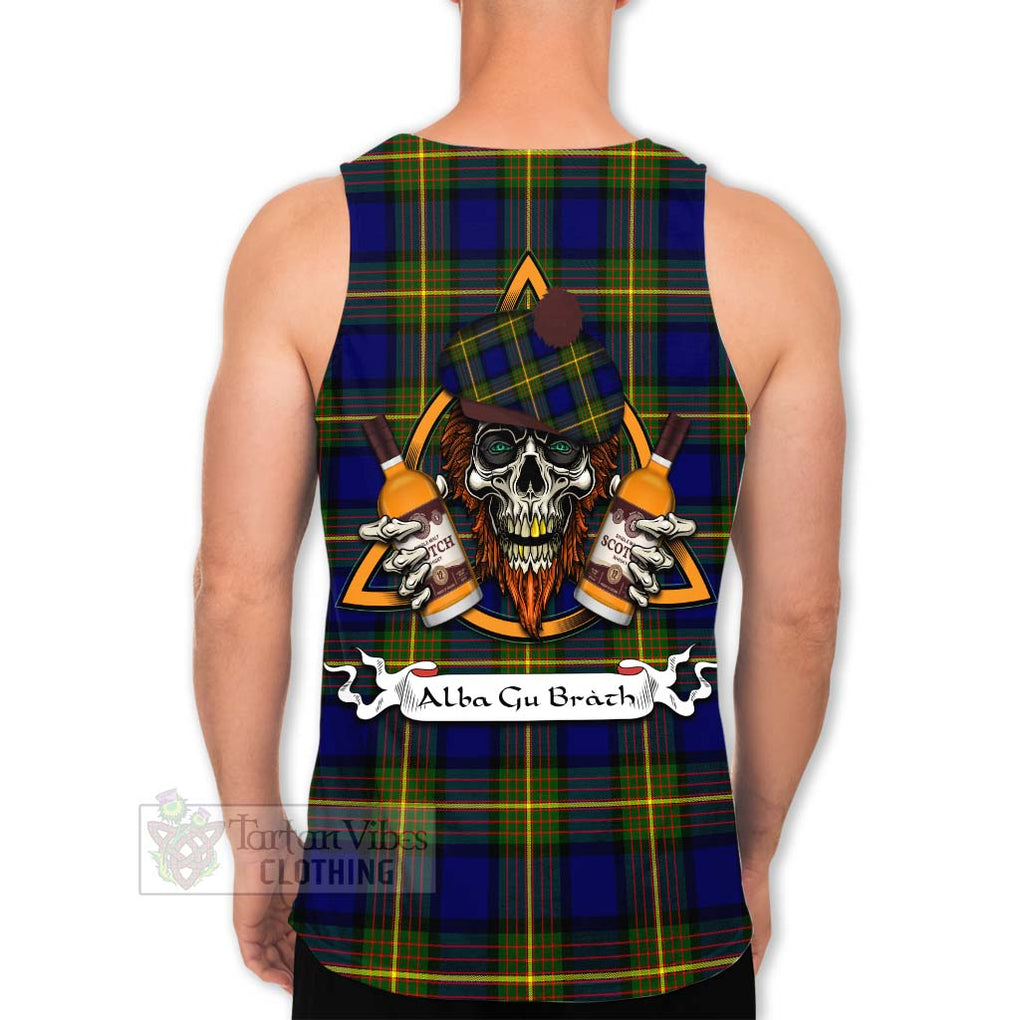 Tartan Vibes Clothing Muir Tartan Men's Tank Top with Family Crest and Bearded Skull Holding Bottles of Whiskey